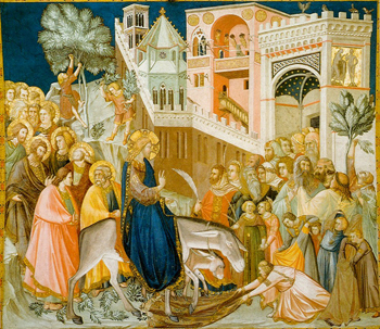 Assisi frescoes, "Entry Into Jerusalem" by Pietro lorenzetti. Assisi, Lower Basilica, San Francesco, southern transept .