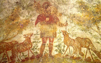 The Image of Jesus as the Good Shepherd, Catacombs of Domitilla in Rome.