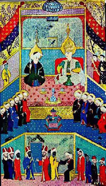 Joseph with his father Jacob and brothers in Egypt from the 16th century illuminated mss. Zubdat-al Tawarikh in the Turkish and Islamic Arts Museum in Istanbul, dedicated to Sultan Murad III in 1583.