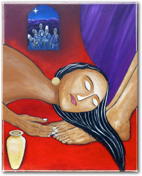 Mary anoints Jesus' feet.