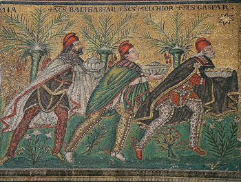 Mosaic of the magi presenting their gifts, c. 526, Ravenna.
