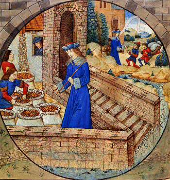 Joseph's servants fill his brothers' sacks with wheat, late 15th century illuminated mss. by Raphael de Mercatelli.