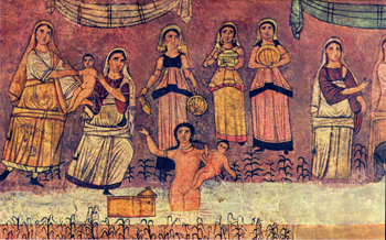 Shiphrah, Puah, Jocheved, Miriam, Pharoah's Daughter, and the infant Moses, Dura Europas Synagogue, c. 250.