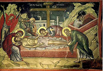 The Burial Lamentations by Theophanes the Cretan, 16th century, located in the Holy Monastery of Stavronikita, Greece.