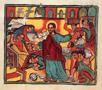 Jesus cleanses the temple, 17th-century Ethiopian.