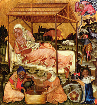 Medieval miniature of the Nativity, c. 1350.