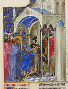 Healing of a boy with epilepsy, Très Riches Heures du Duc de Berry, 15th century.