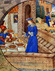 Joseph's servants fill his brothers' sacks with wheat, late 15th century illuminated mss. by Raphael de Mercatelli.