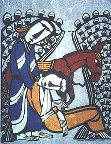 “The Good Samaritan” by Sadao Watanabe (1913-1996). Watanabe was a Japanese printmaker who made folk art style prints using biblical texts for inspiration.